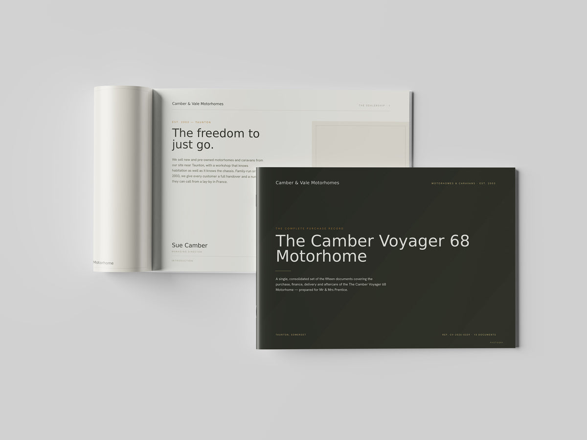 Motorhome & Caravan Dealer Customer Pack in PowerPoint, printed and open at an inside page