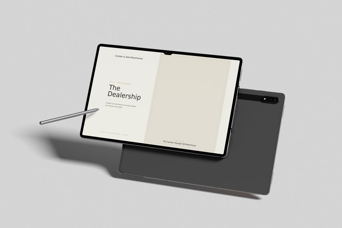 Motorhome & Caravan Dealer Customer Pack in PowerPoint, inside pages shown on a tablet