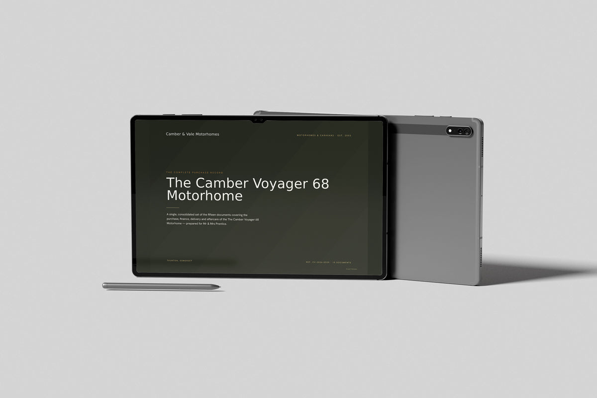 Motorhome & Caravan Dealer Customer Pack in PowerPoint, shown on a tablet