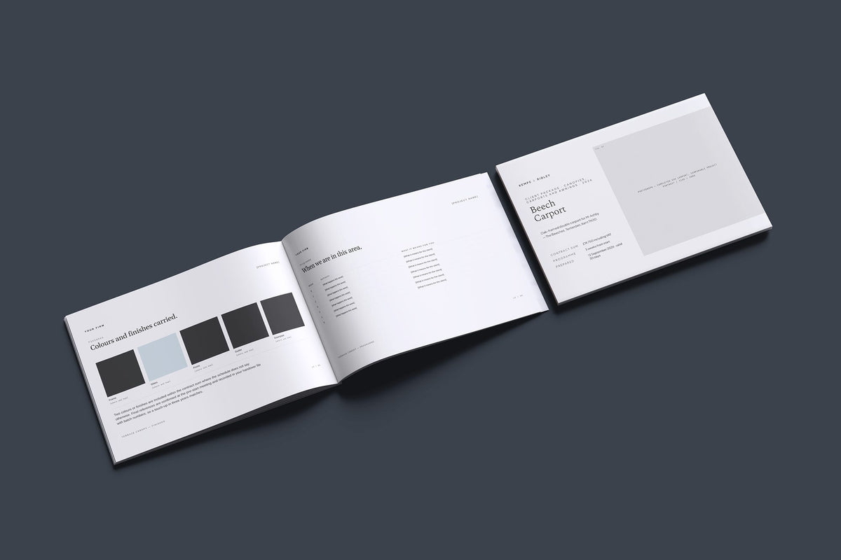 Canopies Carports and Awnings Client Package, Ivory colourway, cover and inside spread mockup