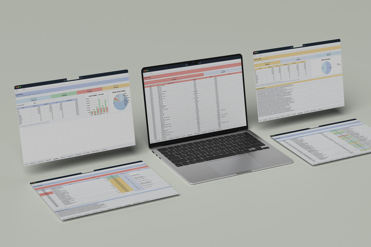 Cash Flow and Tax Planner Excel template, Money Out tab on a laptop screen