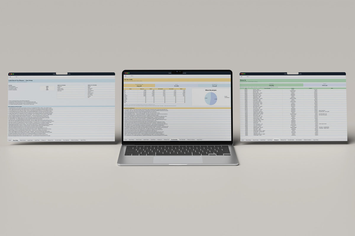 Cash Flow and Tax Planner Excel template, Tax Set Aside tab on a laptop screen