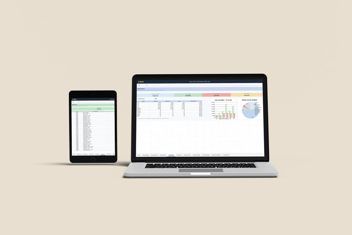 Cash Flow and Tax Planner Excel template on a MacBook and iPad