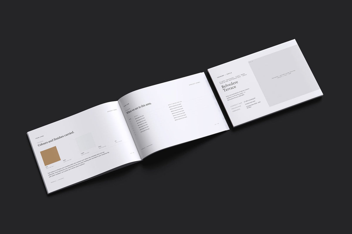 Cast Iron Radiator Restoration Client Package, Ivory colourway, cover and inside spread mockup