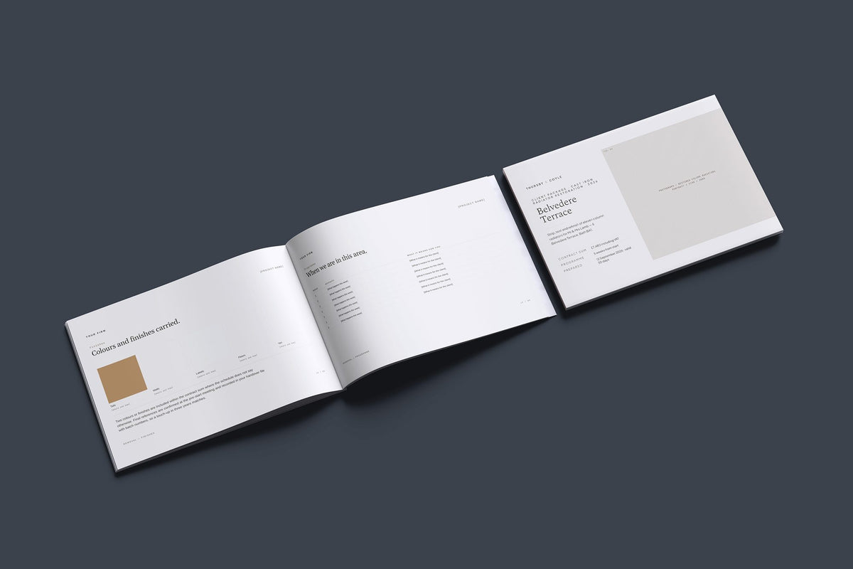 Cast Iron Radiator Restoration Client Package, Oat colourway, cover and inside spread mockup