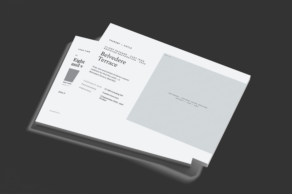 Cast Iron Radiator Restoration Client Package, Slate colourway, stacked books mockup