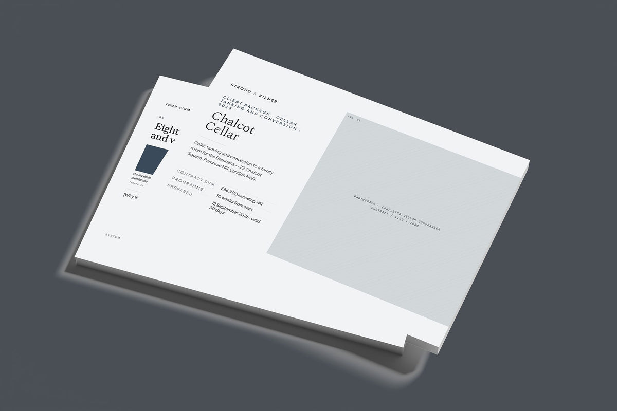 Cellar Tanking and Conversion Client Package, Slate colourway, stacked books mockup