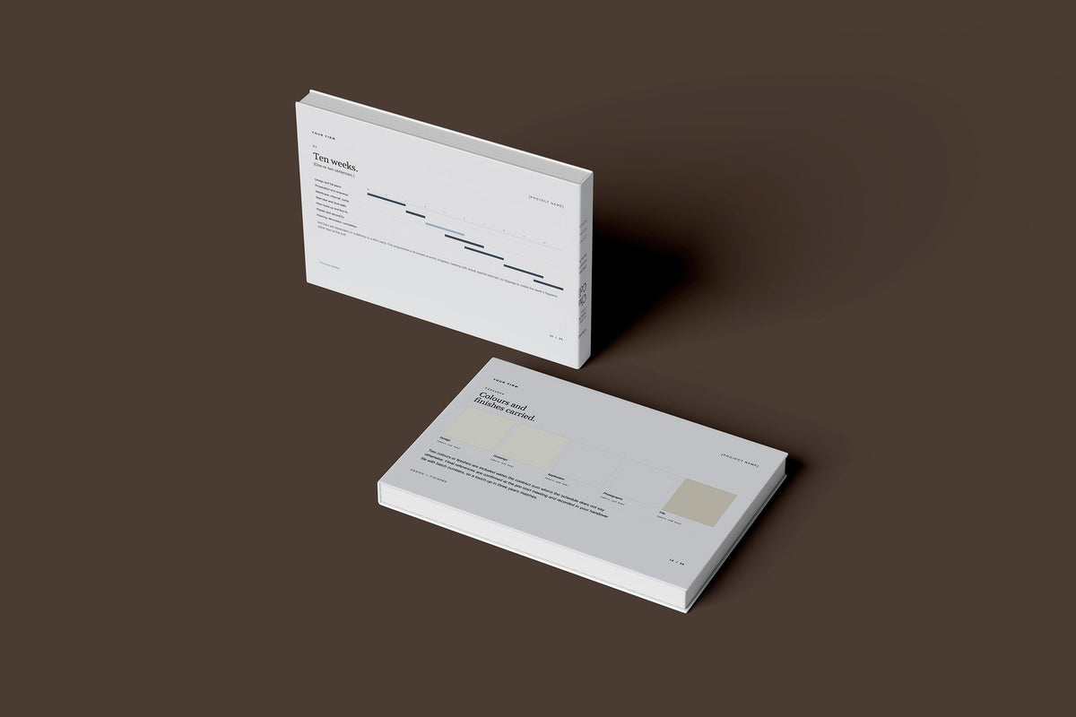 Cellar Tanking and Conversion Client Package, Slate colourway, floating books mockup