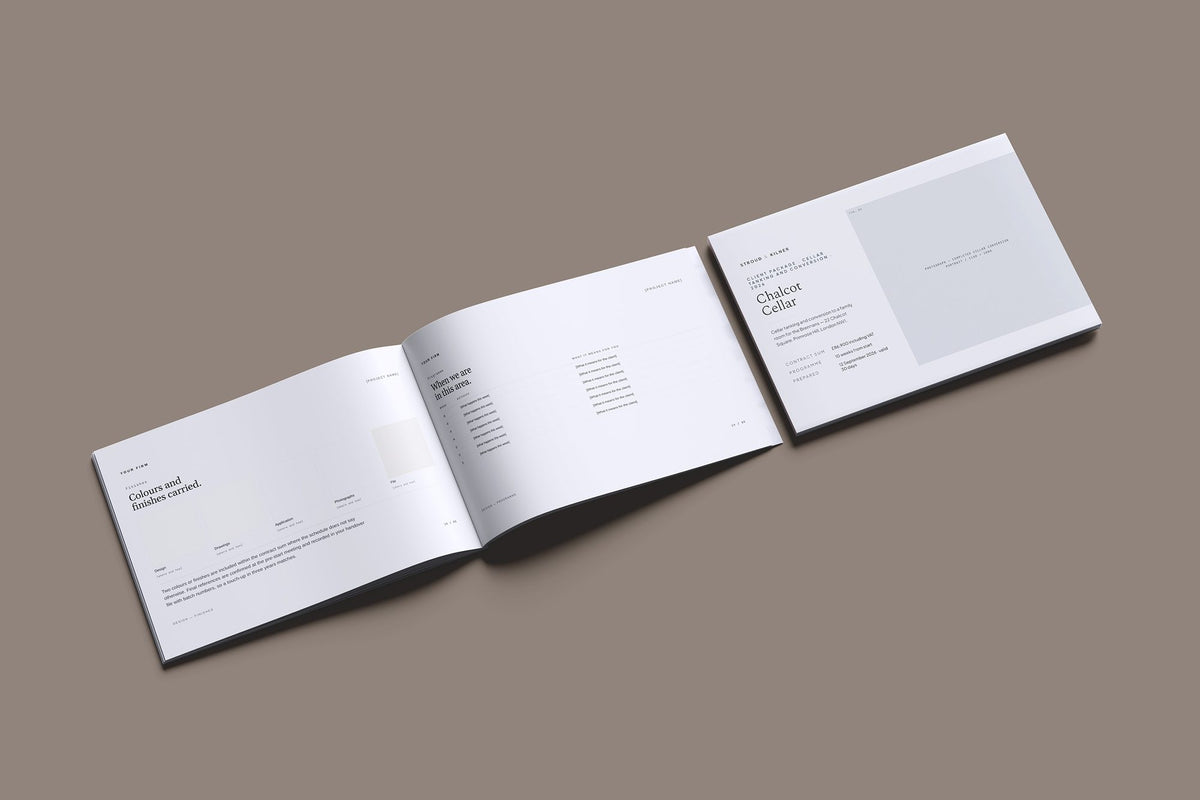 Cellar Tanking and Conversion Client Package, Slate colourway, cover and inside spread mockup