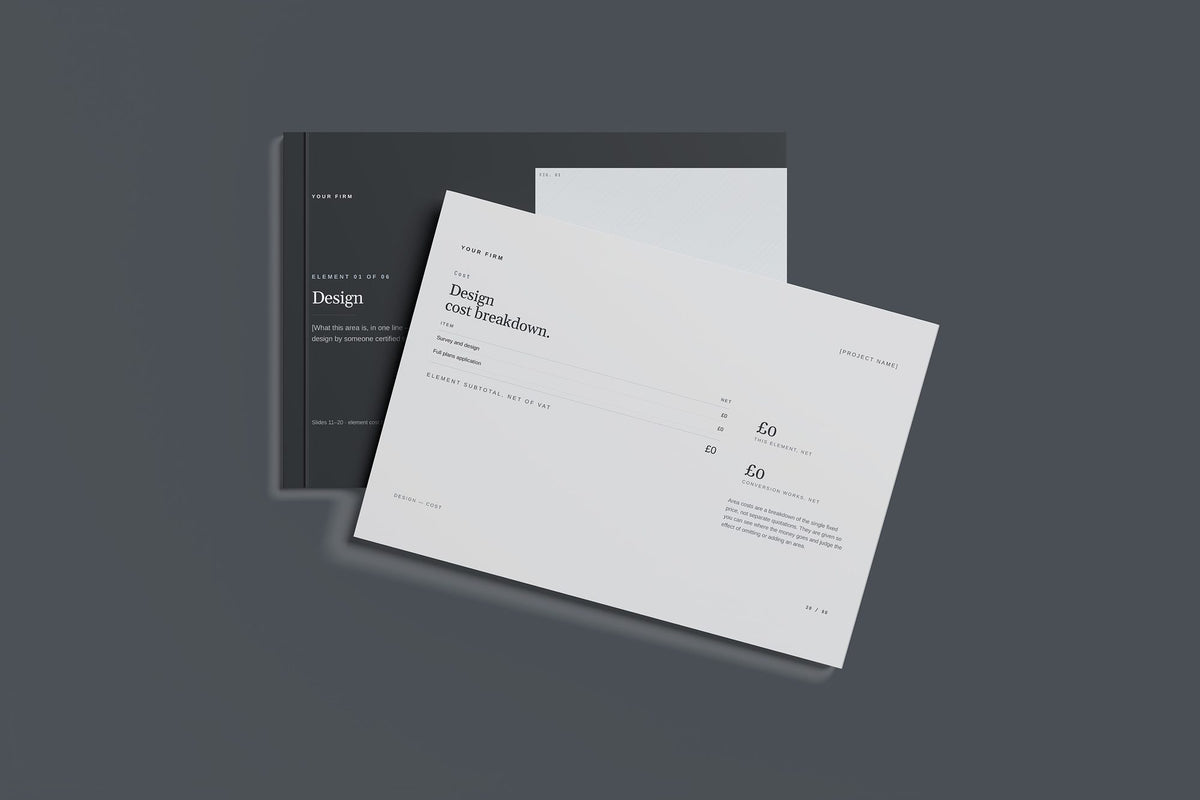 Cellar Tanking and Conversion Client Package, Slate colourway, front and back cover mockup