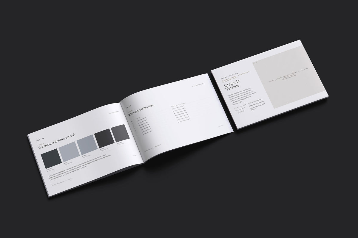 Cladding Client Package, Oat colourway, cover and inside spread mockup