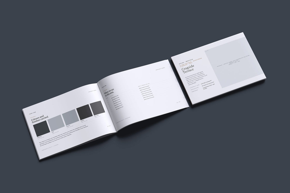 Cladding Client Package, Slate colourway, cover and inside spread mockup