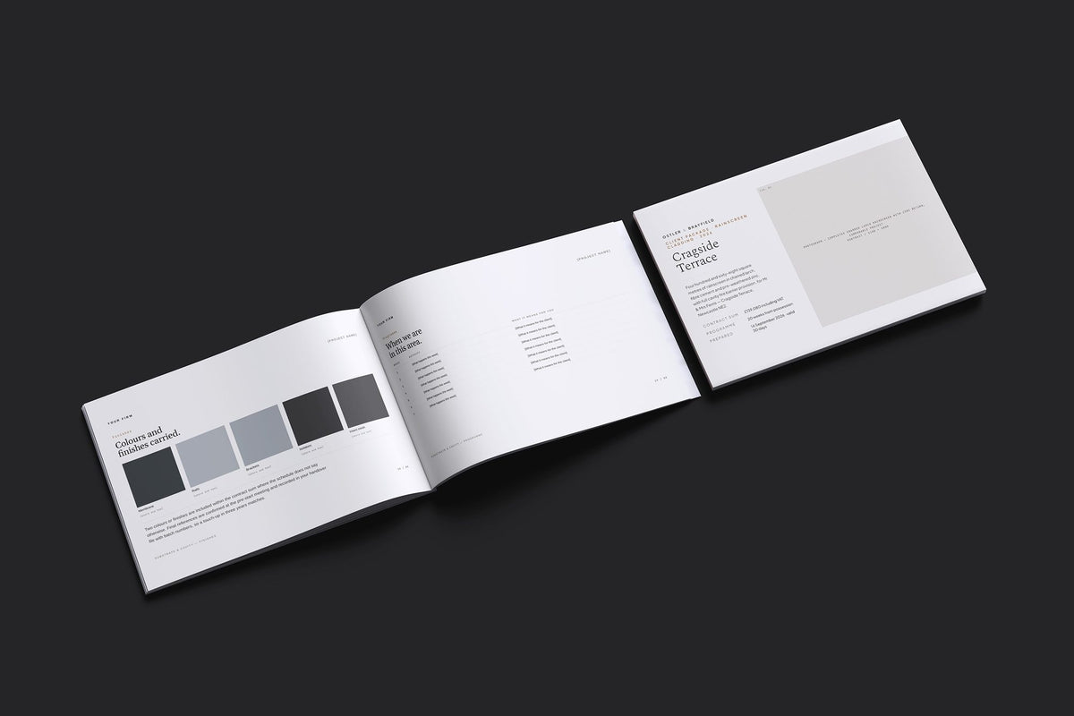 Cladding Client Package, Standard colourway, cover and inside spread mockup
