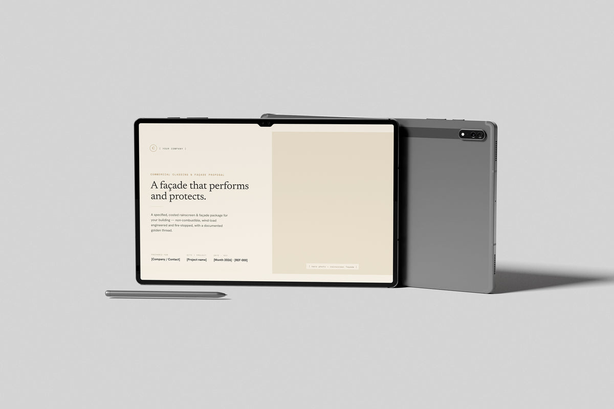 Beige Commercial Cladding Proposal Template in PowerPoint, shown on a tablet
