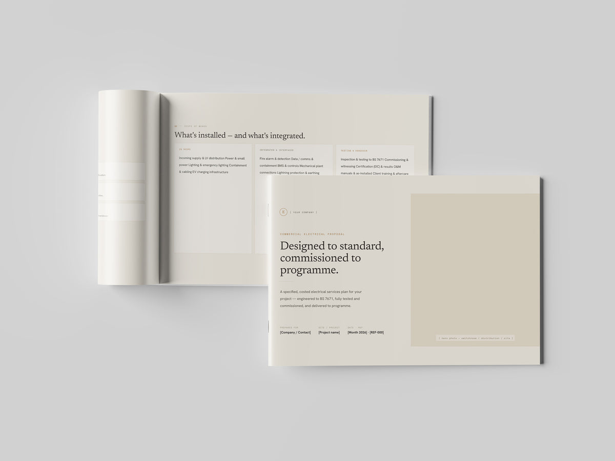 Beige Commercial Electrician Proposal Template in PowerPoint, printed and open at an inside page
