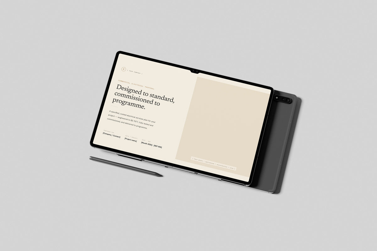 Beige Commercial Electrician Proposal Template in PowerPoint, shown on a tablet