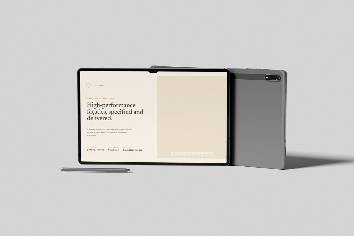 Beige Commercial Glazing Proposal Template in PowerPoint, shown on a tablet