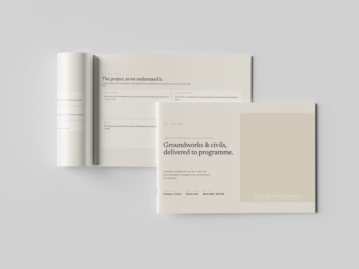 Beige Commercial Groundworks Proposal Template in PowerPoint, printed and open at an inside page