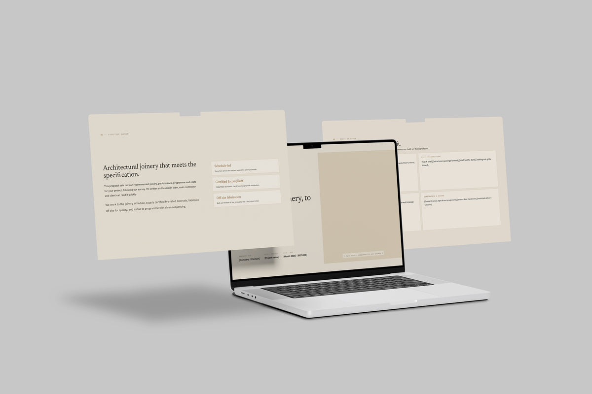 Beige Commercial Joinery Proposal Template in PowerPoint, shown across laptop screens