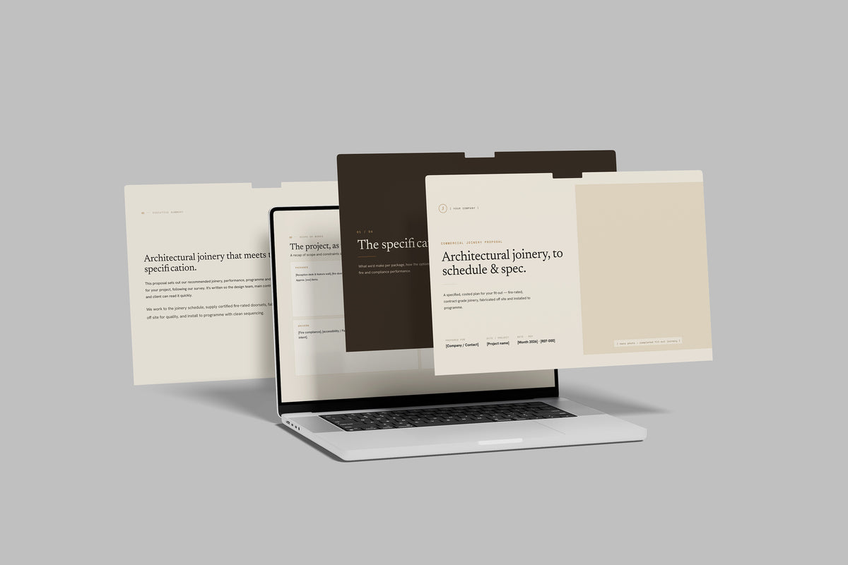 Beige Commercial Joinery Proposal Template in PowerPoint, shown on screens at a desk