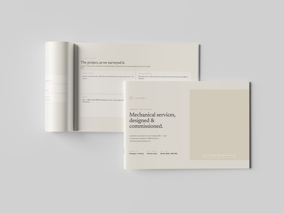 Beige Commercial Mechanical Proposal Template in PowerPoint, printed and open at an inside page