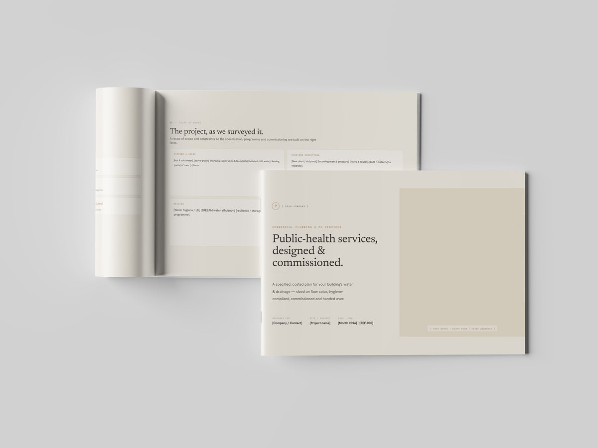 Beige Commercial Plumbing Proposal Template in PowerPoint, printed and open at an inside page