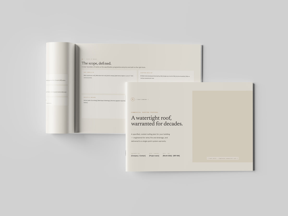 Beige Commercial Roofing Proposal Template in PowerPoint, printed and open at an inside page