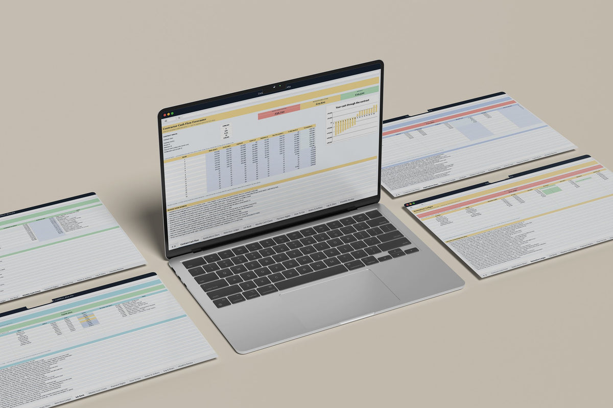 Contractor Cash Flow Excel template, Contract Cash Flow tab on a laptop screen