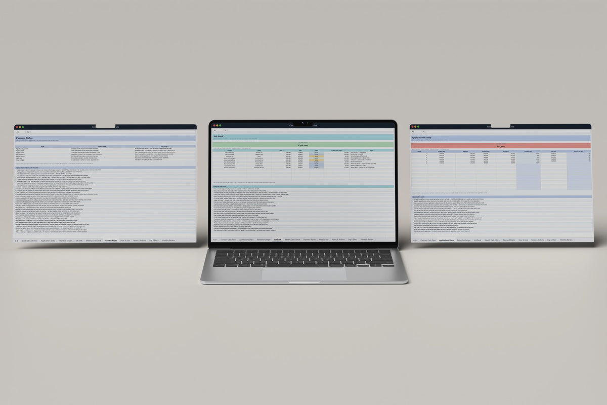 Contractor Cash Flow Excel template, Job Bank tab on a laptop screen
