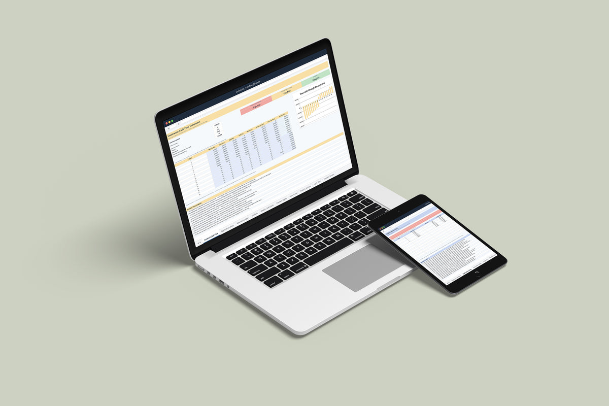 Contractor Cashflow Excel template on a MacBook and iPad
