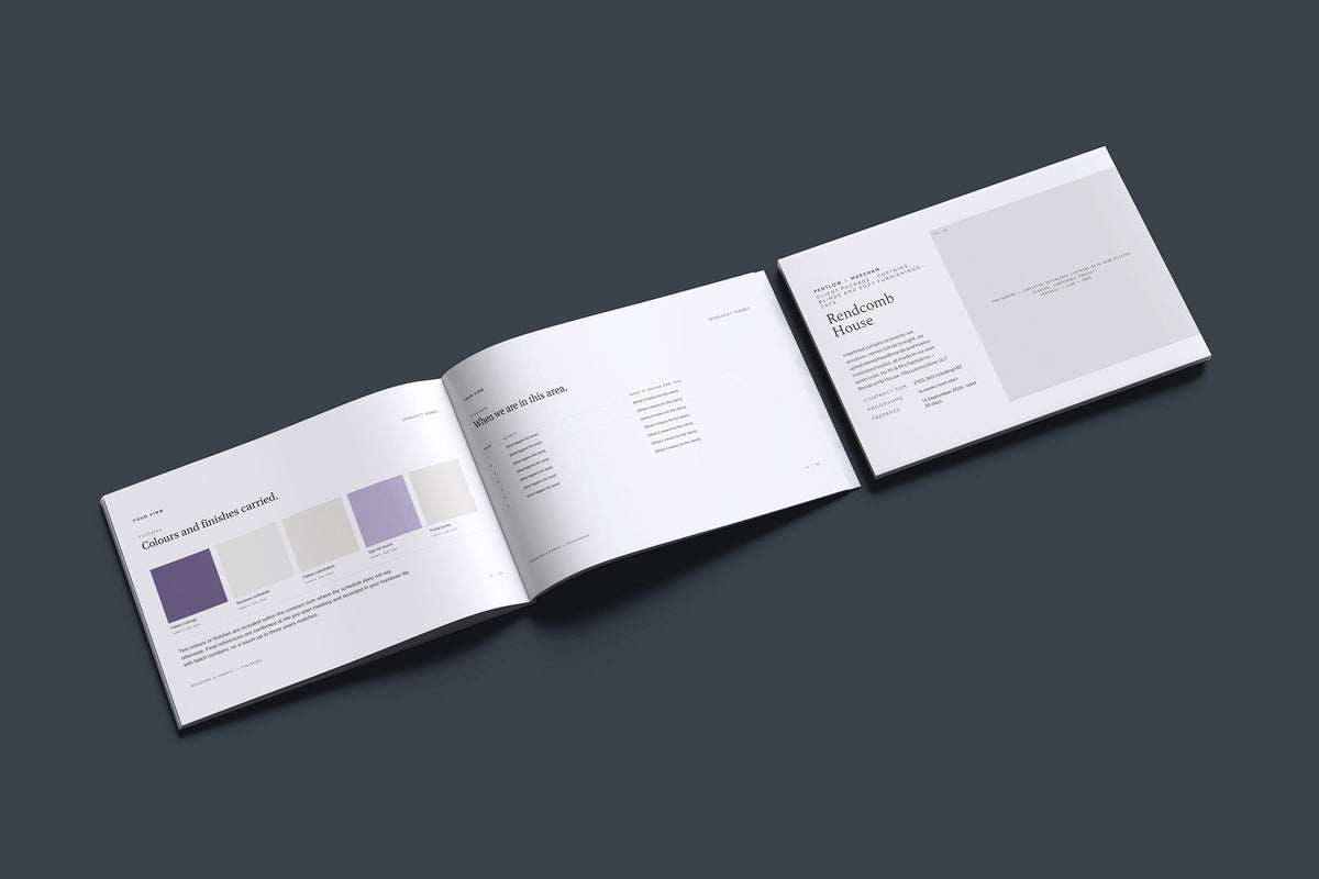 Curtains and Blinds Client Package, Ivory colourway, cover and inside spread mockup