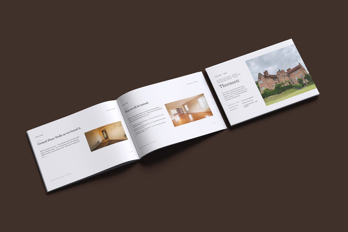 Damp Proofing Client Package, Ivory colourway, cover and inside spread mockup