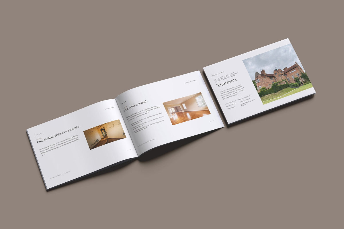Damp Proofing Client Package, Oat colourway, cover and inside spread mockup