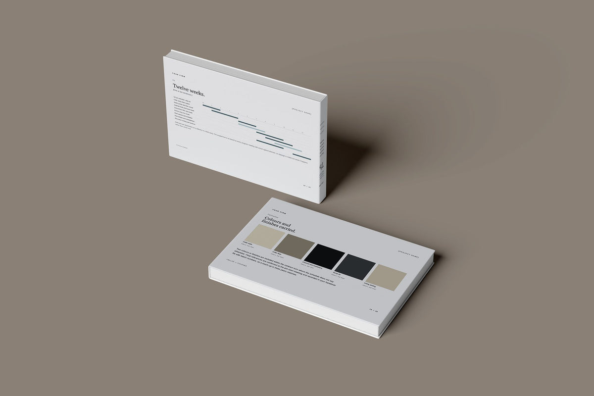 Damp Proofing Client Package, Slate colourway, floating books mockup