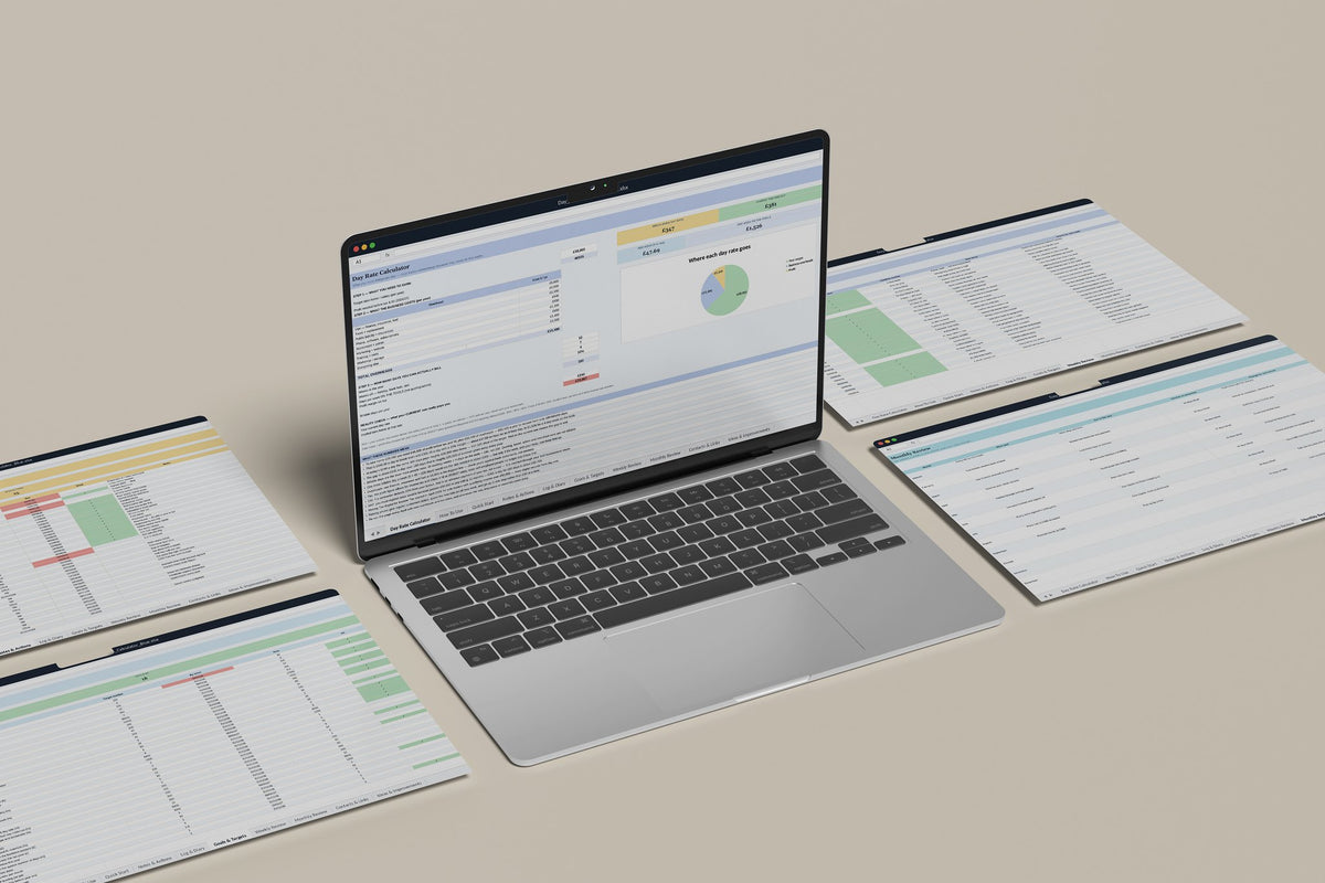 Day Rate Calculator Excel template, Day Rate Calculator tab on a laptop screen