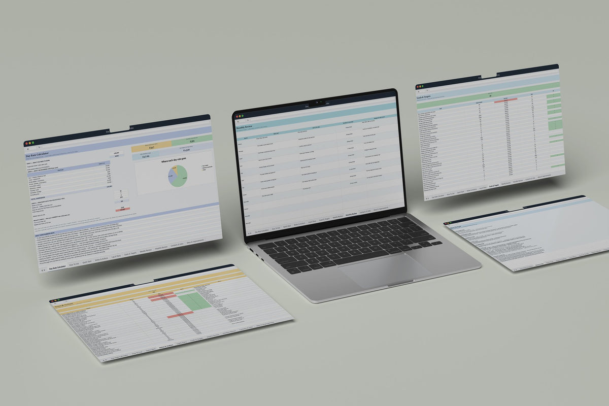 Day Rate Calculator Excel template, Monthly Review tab on a laptop screen