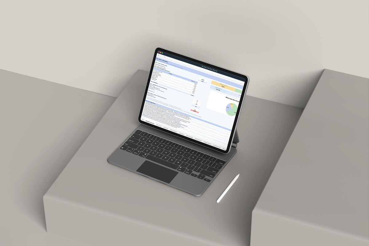 Day Rate Calculator Excel template on an iPad with keyboard