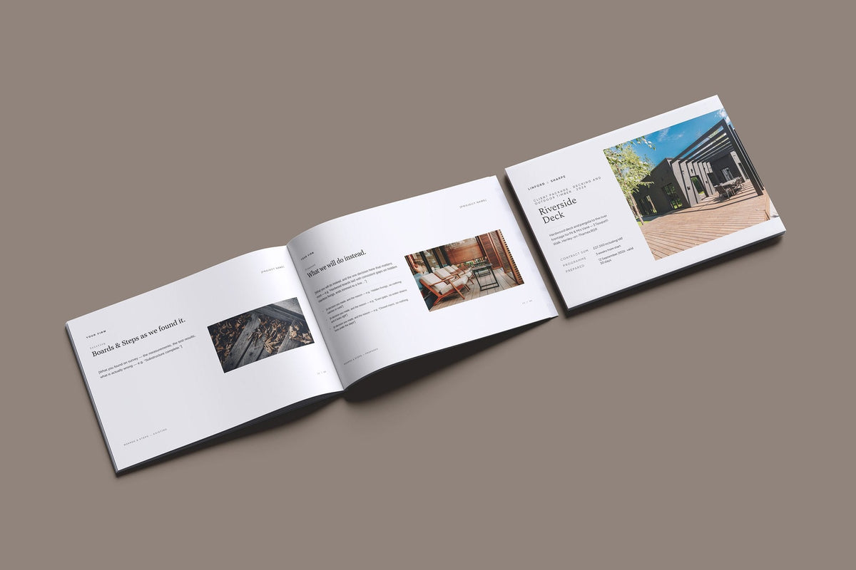 Decking and Outdoor Timber Client Package, Ivory colourway, cover and inside spread mockup