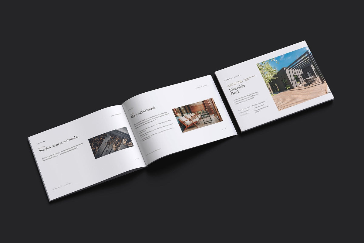 Decking and Outdoor Timber Client Package, Oat colourway, cover and inside spread mockup