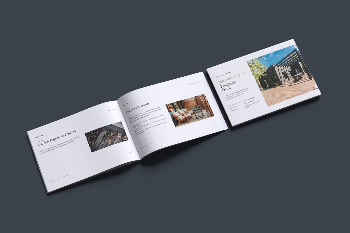 Decking and Outdoor Timber Client Package, Slate colourway, cover and inside spread mockup