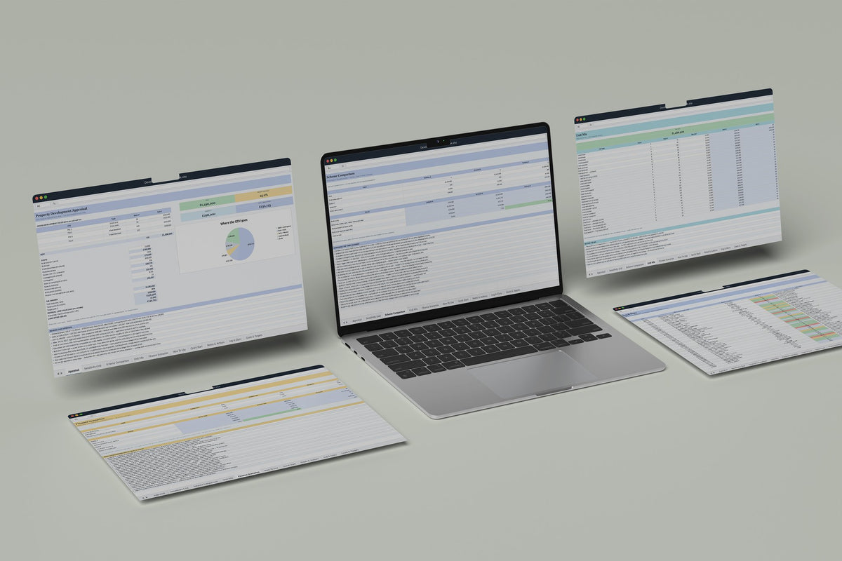 Development Appraisal Excel template, Scheme Comparison tab on a laptop screen
