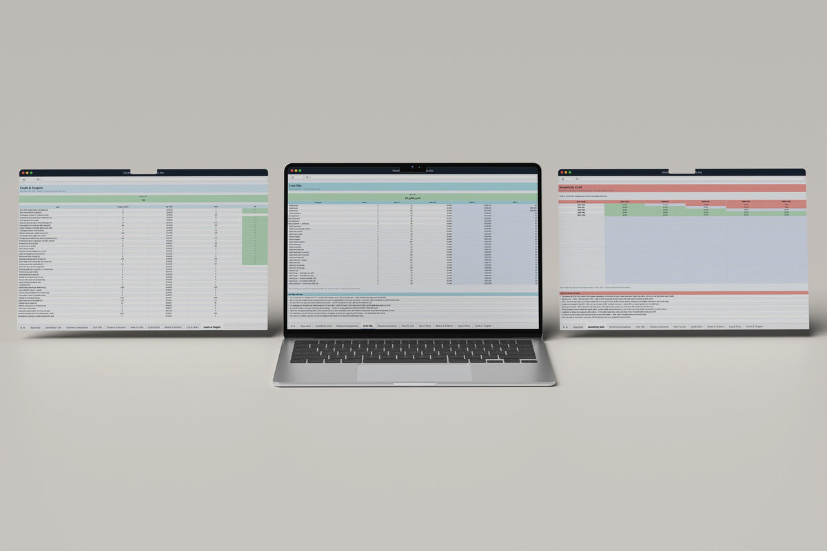 Development Appraisal Excel template, Unit Mix tab on a laptop screen