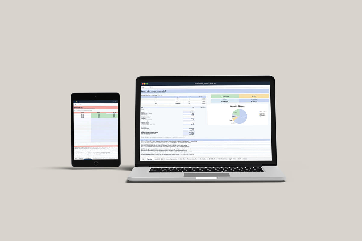 Development Appraisal Excel template on a MacBook and iPad