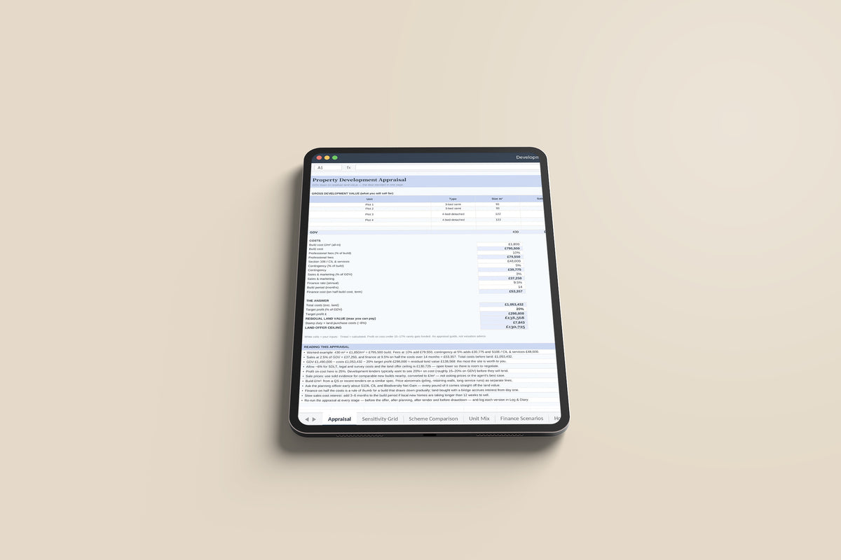 Development Appraisal Excel template on an iPad Pro
