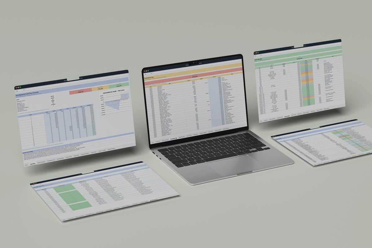 Development Cash Flow Excel template, Drawdown Log tab on a laptop screen