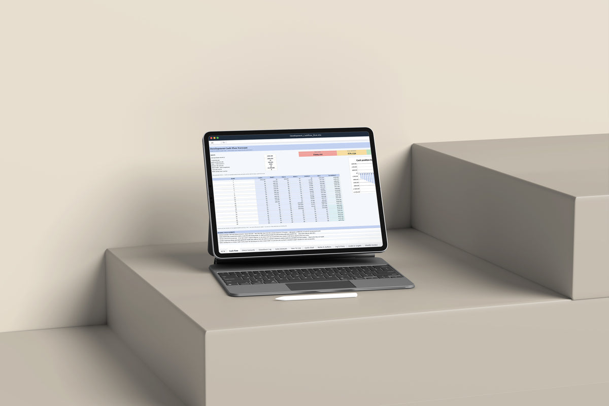 Development Cashflow Excel template on an iPad with keyboard