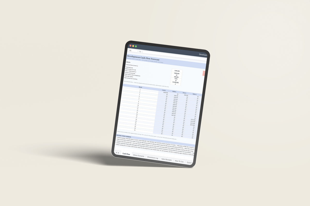 Development Cashflow Excel template on an iPad Pro