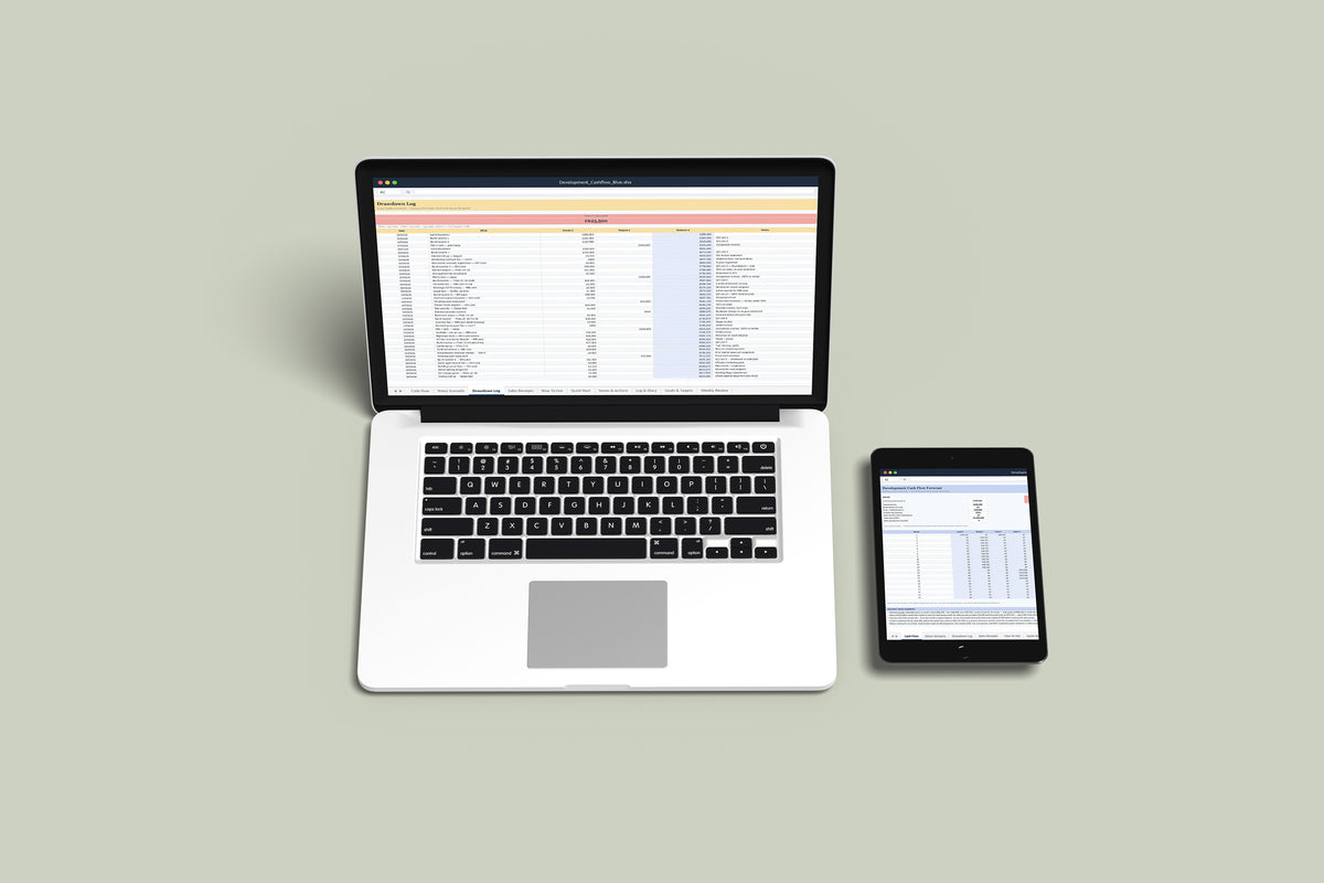 Development Cashflow Excel template on a MacBook and iPad, second view