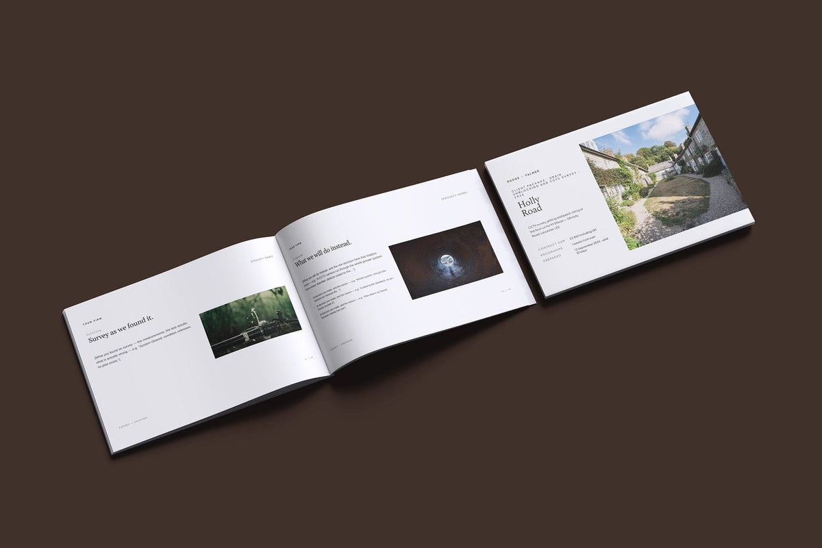 Drain Unblocking and CCTV Survey Client Package, Ivory colourway, cover and inside spread mockup