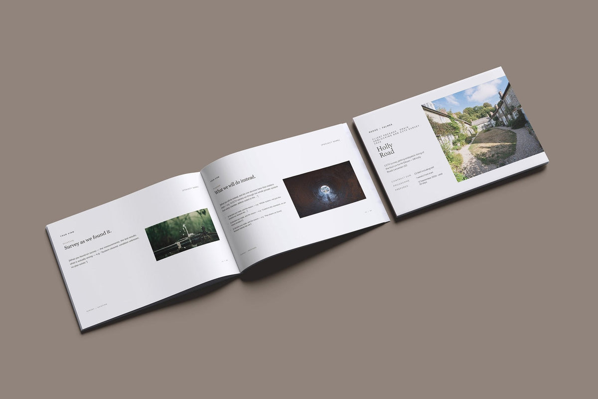 Drain Unblocking and CCTV Survey Client Package, Oat colourway, cover and inside spread mockup